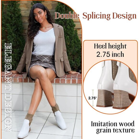 Women's Square Toe Ankle White Boots Low Block Heel Chelsea Mid Calf Booties - Picture 4 of 7